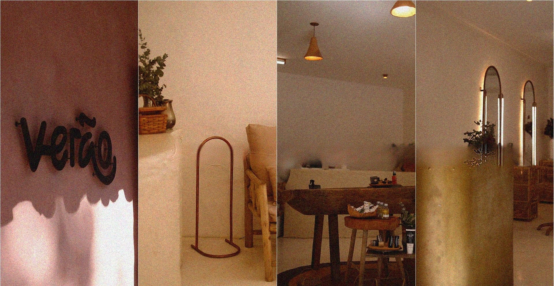 Interior do espaço Verão em Trancoso: letreiro, mobiliário e luz quente